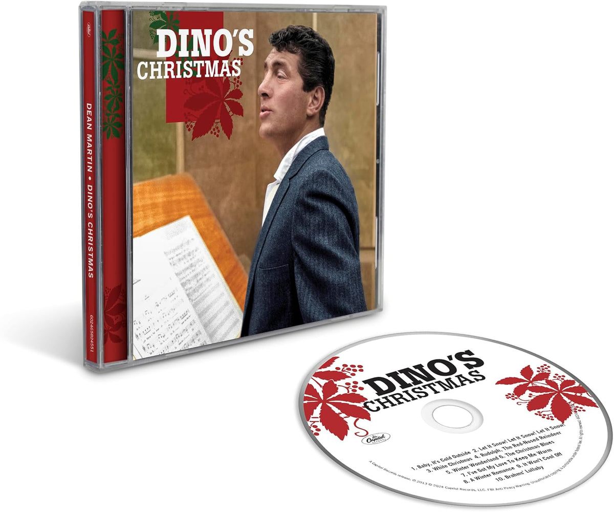Dean Martin's "Dino's Christmas" CD case and disc with festive poinsettia design.