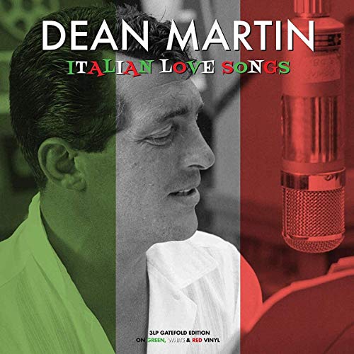 Black and white portrait of Dean Martin overlaid with green, white, and red stripes.
