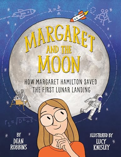 Book cover: girl with glasses, moon, rocket, astronaut, and equations.