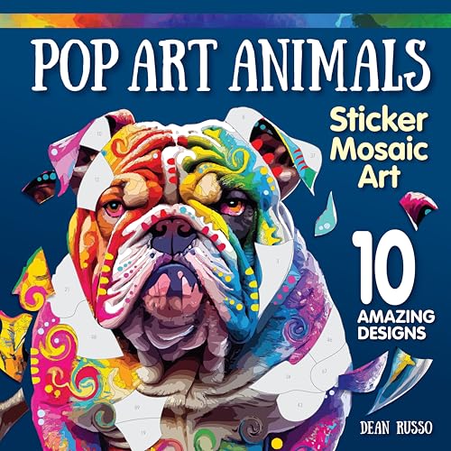 Cover of a sticker mosaic art book featuring a colorful pop-art bulldog.