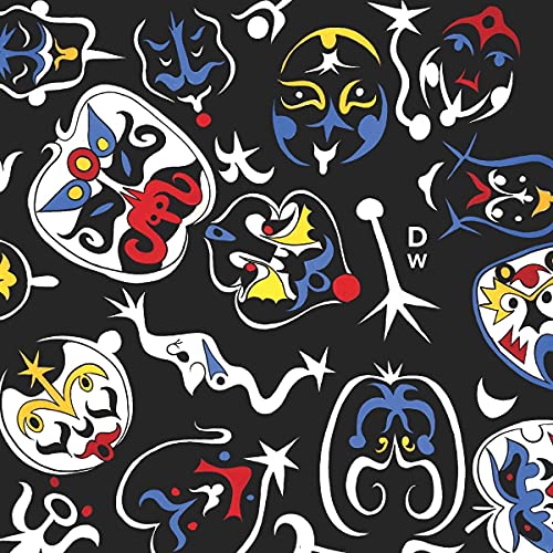 Album cover with abstract white faces and colorful designs on black.