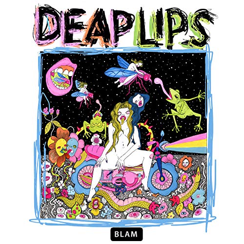"Album cover with surreal illustration of nude woman on a pink motorcycle."