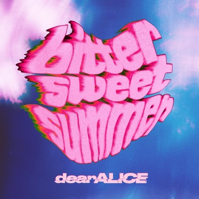 CD cover for Dearalice’s “Bittersweetsummer” with pink distorted text on blue.