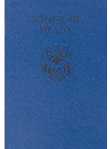 Blue "Songs of Praise" hymn book cover with gold emblem.