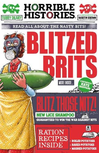 Blitzed Brits" book cover featuring a woman in a gas mask and wartime details.
