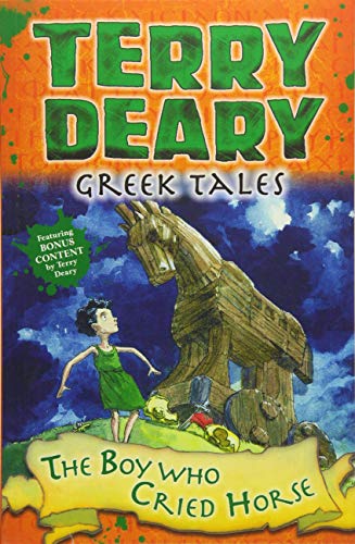 Book cover: boy pointing at a large wooden horse, stormy sky.