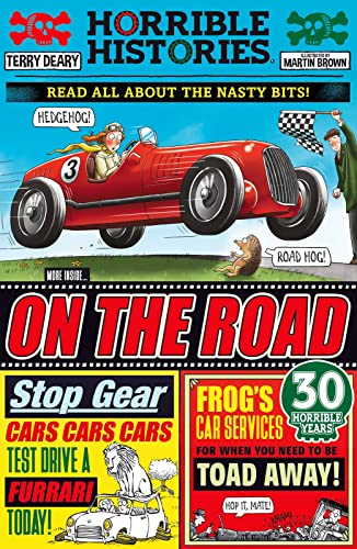 Horrible Histories: On the Road" book cover with a vintage red race car.