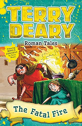 Book cover: "Roman Tales: The Fatal Fire" depicts a burning building and figures.