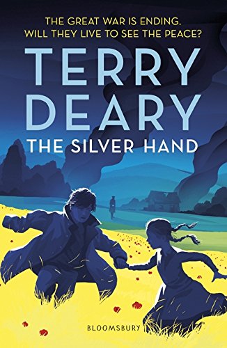 Book cover: two figures running in a field, wartime background.