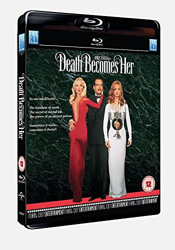 Blu-ray cover for Death Becomes Her featuring Meryl Streep, Bruce Willis, and Goldie Hawn.