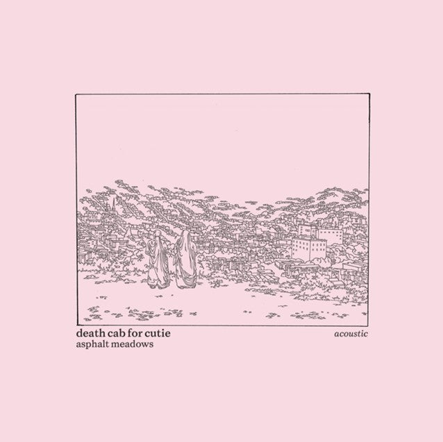 Line drawing of two figures overlooking a city on a pink background.
