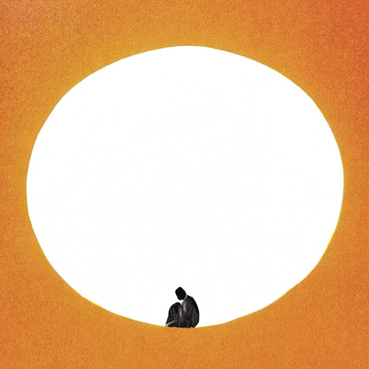 A small silhouette of a person sits inside a large white circle on orange.