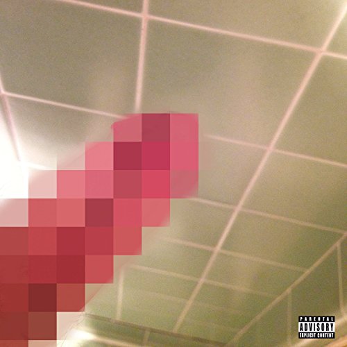A pixelated object against a background of green bathroom tiles.
