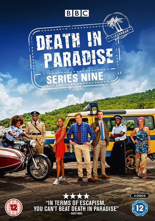 "Death in Paradise Series 9 DVD cover featuring the show's cast in a tropical setting."