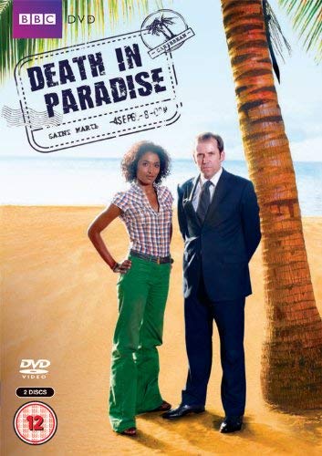 “Death In Paradise” DVD cover featuring two detectives on a beach.