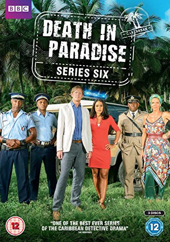 DVD cover for Death in Paradise Series 6 featuring five cast members in tropical setting.