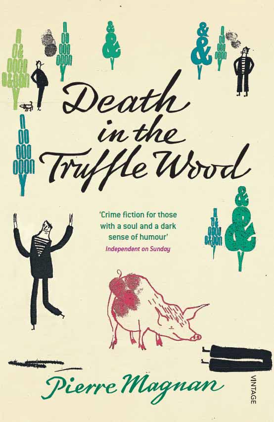 Book cover: "Death in the Truffle Wood" with illustrations of figures and animals.