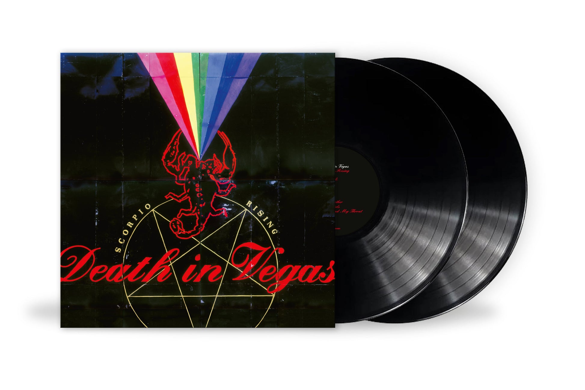 Vinyl record of Death in Vegas’ “Scorpio Rising” with neon artwork.
