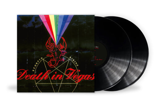 Vinyl record of Death in Vegas’ “Scorpio Rising” with neon artwork.