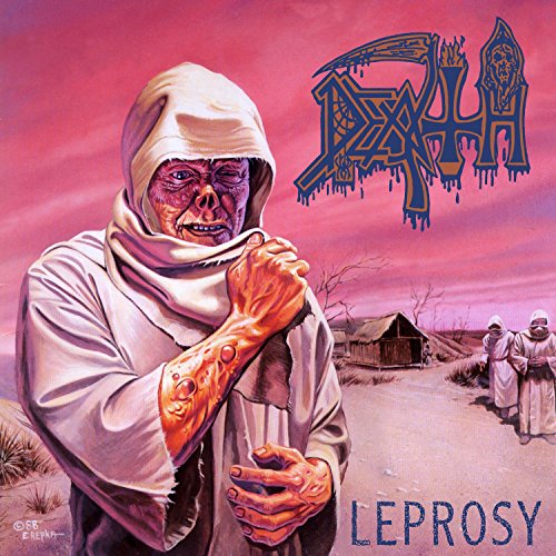 "Album cover art featuring a diseased monk and the title 'Death - Leprosy'."