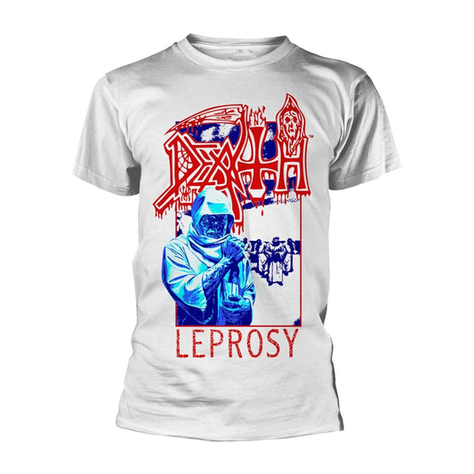 White t-shirt with a red and black "Death - Leprosy" album cover print.