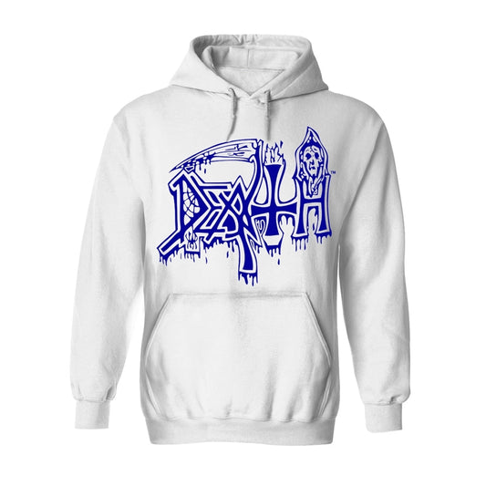 White pullover hoodie featuring a blue Death band logo graphic on the chest.
