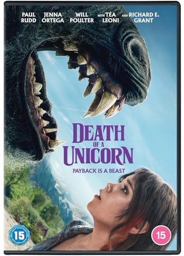 A young woman looks up at a large, snarling creature on this DVD cover.
