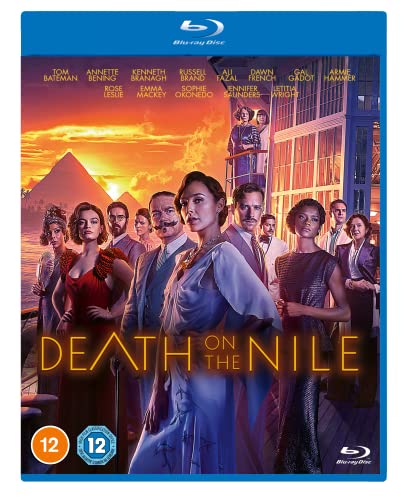 “Death on the Nile” Blu-ray cover featuring a cast against a Nile River sunset.