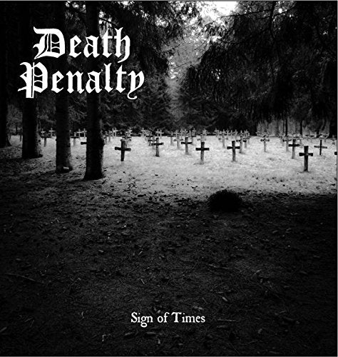 Black and white image of a graveyard in a forest with text reading Death Penalty.