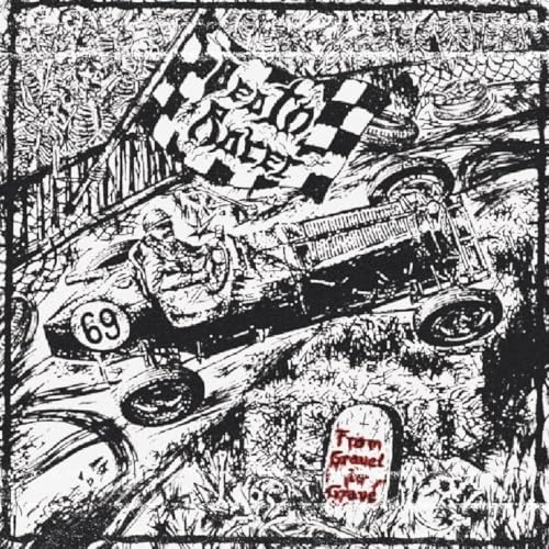 Black and white illustration of a race car with number 69 and a tombstone.