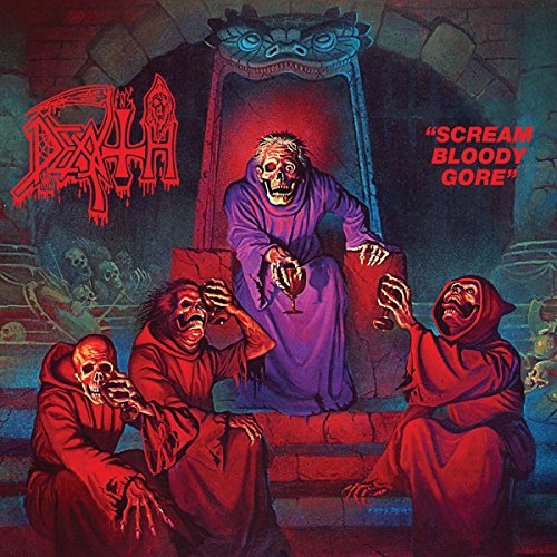 Death’s “Scream Bloody Gore” album cover: skeletal figures in a gothic crypt.