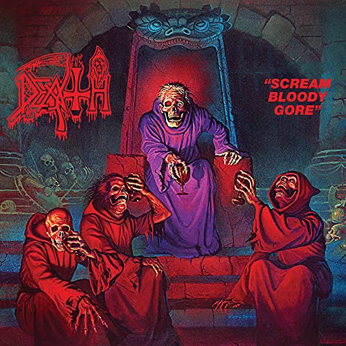 Death metal album cover: skeletal figures in a gothic stone chamber.
