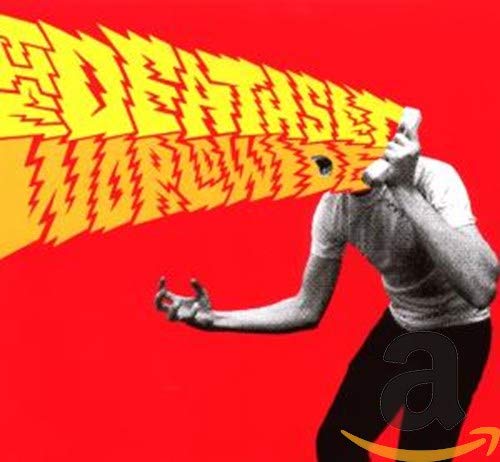 Red album cover with distorted yellow text and a person with a phone.