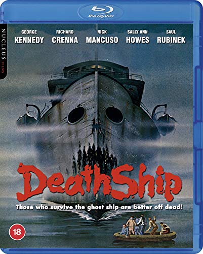 Blu-ray cover for "Death Ship" featuring a ghostly submarine and small boat.
