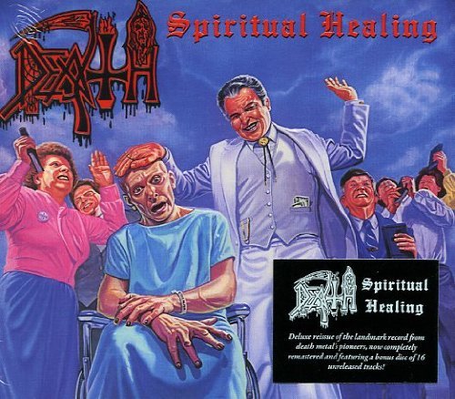 "Album cover art: 'Death - Spiritual Healing' featuring a man in a wheelchair surrounded."
