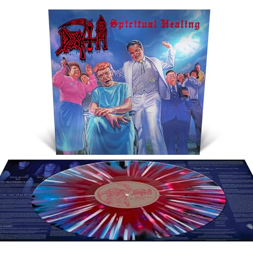 Death Spiritual Healing vinyl record cover art and a red and blue splatter disc.