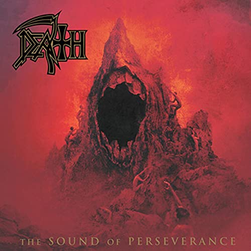 Death metal album cover: red landscape with figures and a gaping maw.