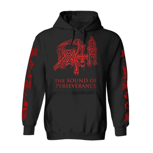 Black zipped hoodie featuring The Sound Of Perseverance band logo graphic.