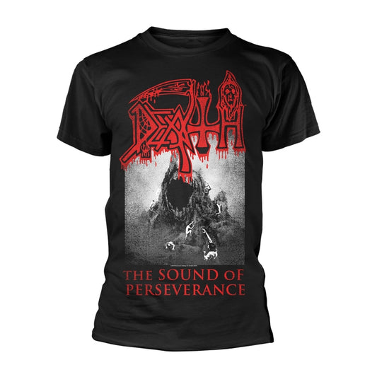 Black t-shirt with a gothic, mountainous scene and band logo "DEATH".