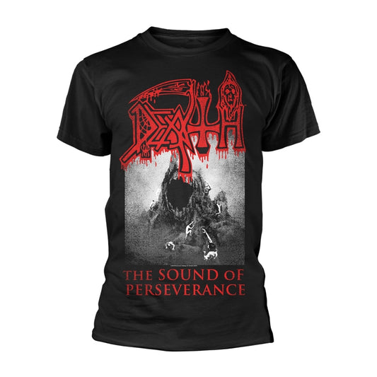 Black t-shirt with a gothic, mountainous scene and band logo "DEATH".