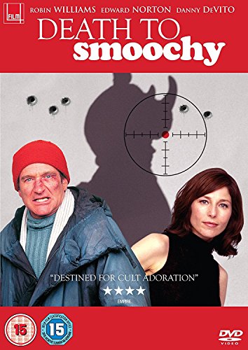 "Death To Smoochy DVD cover featuring Robin Williams and a woman with a target."