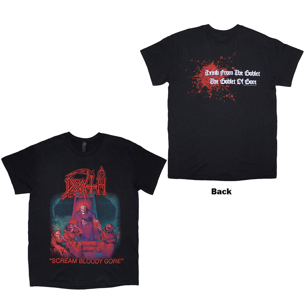 Black t-shirt with large back print featuring album art from Death's Scream Bloody Gore.