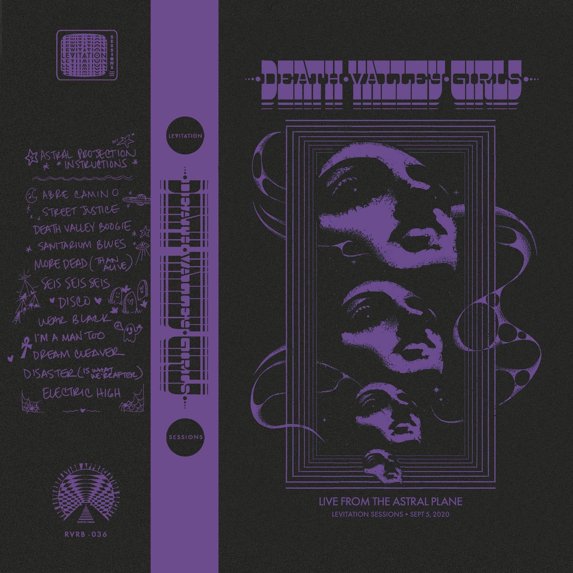 Album cover with purple graphics of faces on a dark grey background.