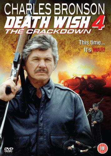 Charles Bronson on "Death Wish 4" DVD cover, holding a handgun.