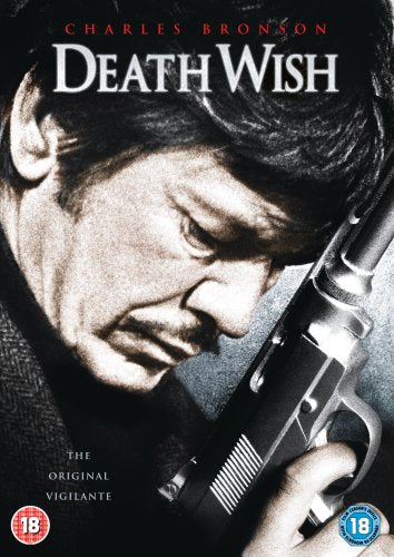 Charles Bronson on "Death Wish" DVD cover, holding a handgun.