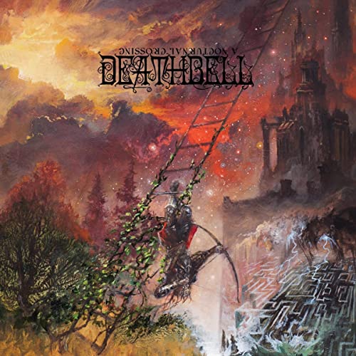An armored knight climbs a vine-covered ladder toward a castle in a dark landscape.
