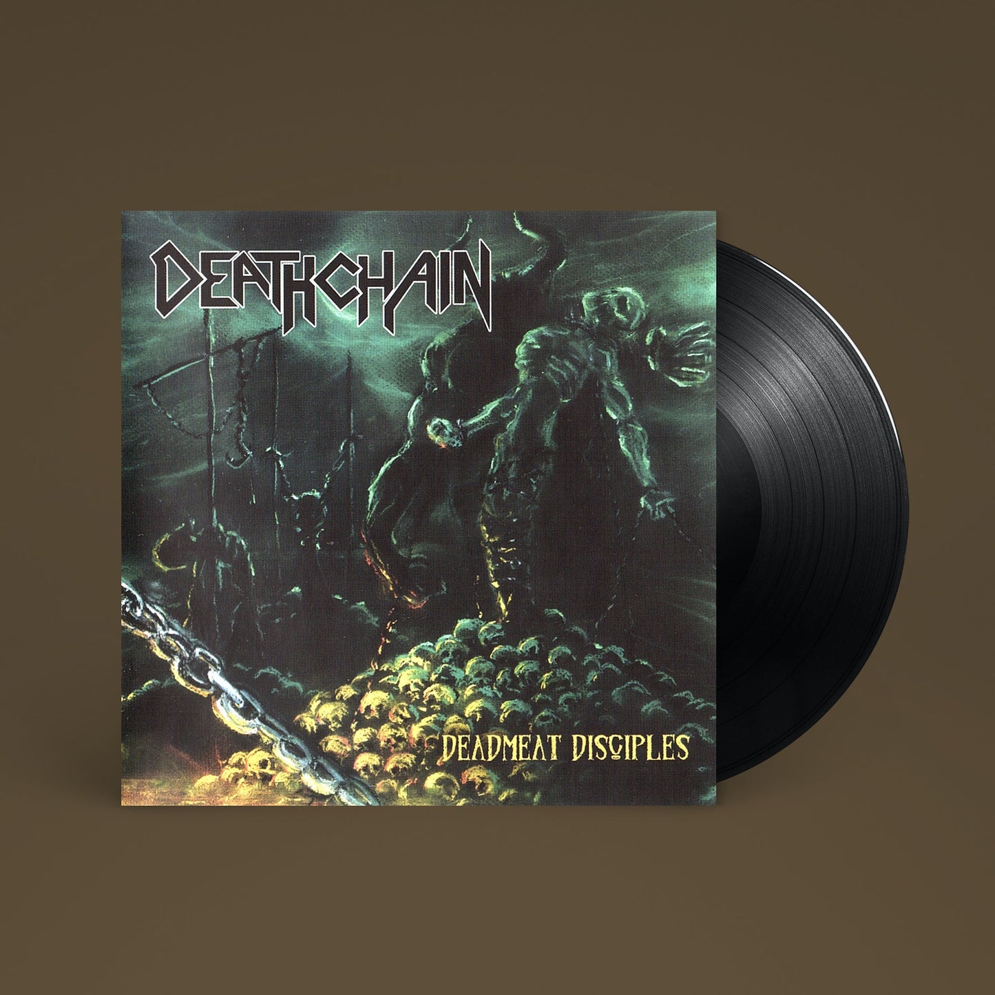 Deathchain "Deadmeat Disciples" vinyl record with dark, gothic cover art.