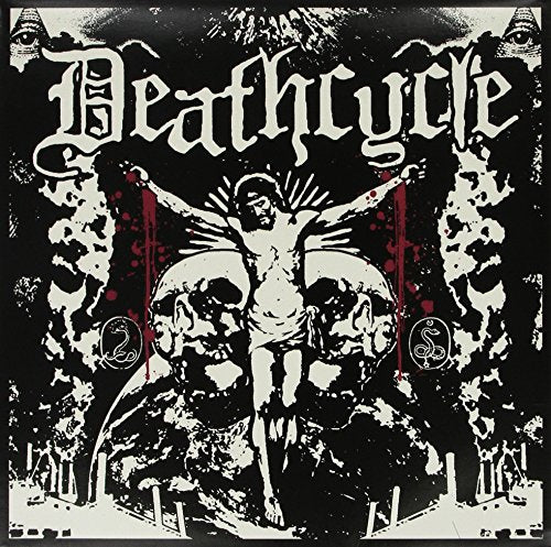 Black album cover with gothic lettering, crucifixion, and skull imagery.