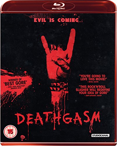 Deathgasm Blu-ray cover featuring a red hand making a rock sign on black background.