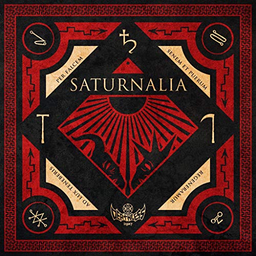 Red and black album cover for "Saturnalia" with occult symbols.